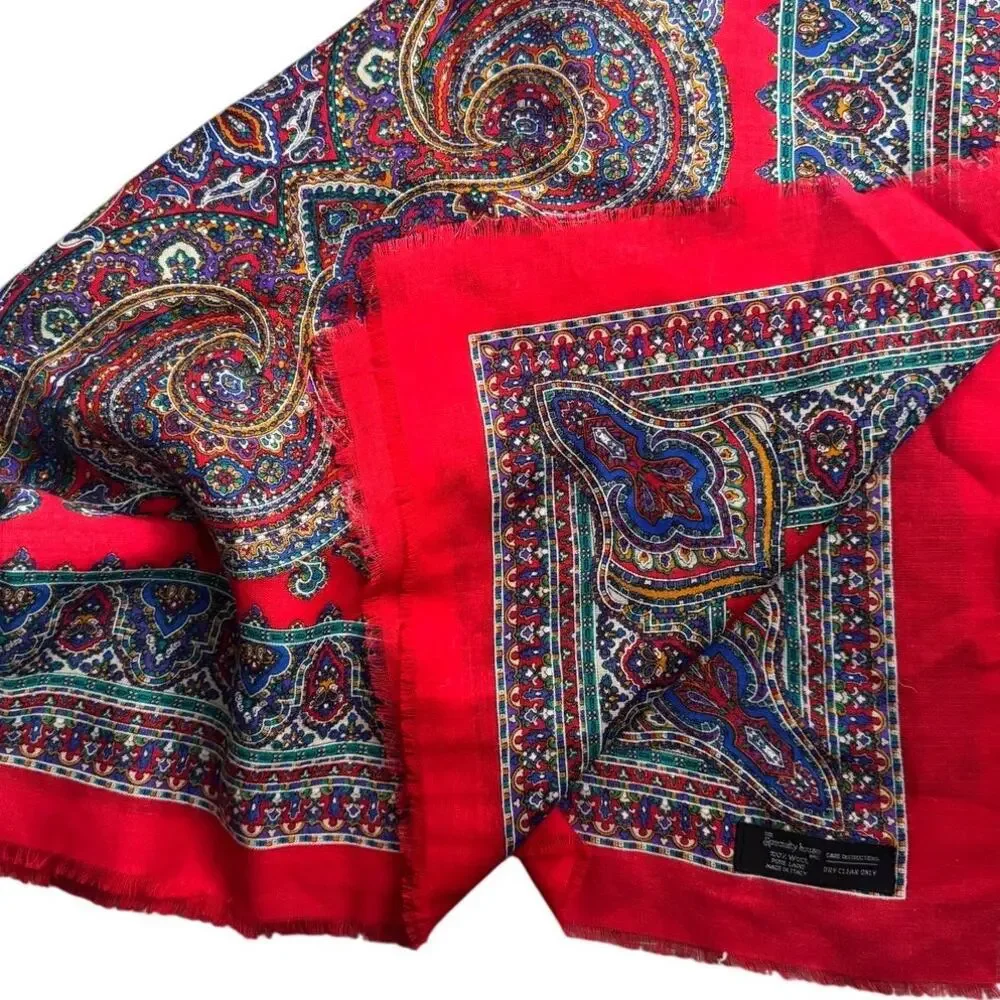 Vintage Specialty House Pure Wool Paisley Red Square Scarf Wrap Made in Italy